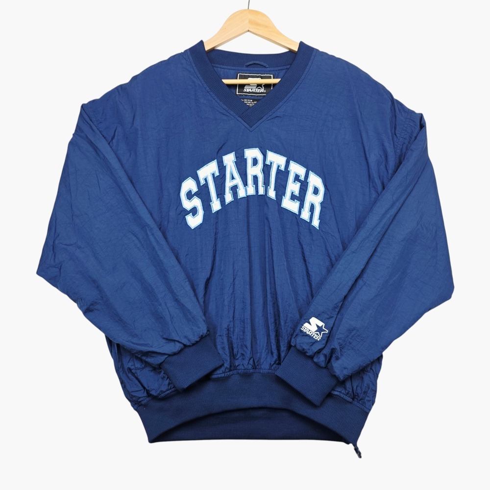 Vintage Starter Navy Blue V-Neck Windbreaker Pullover Jacket Mens Large Logo